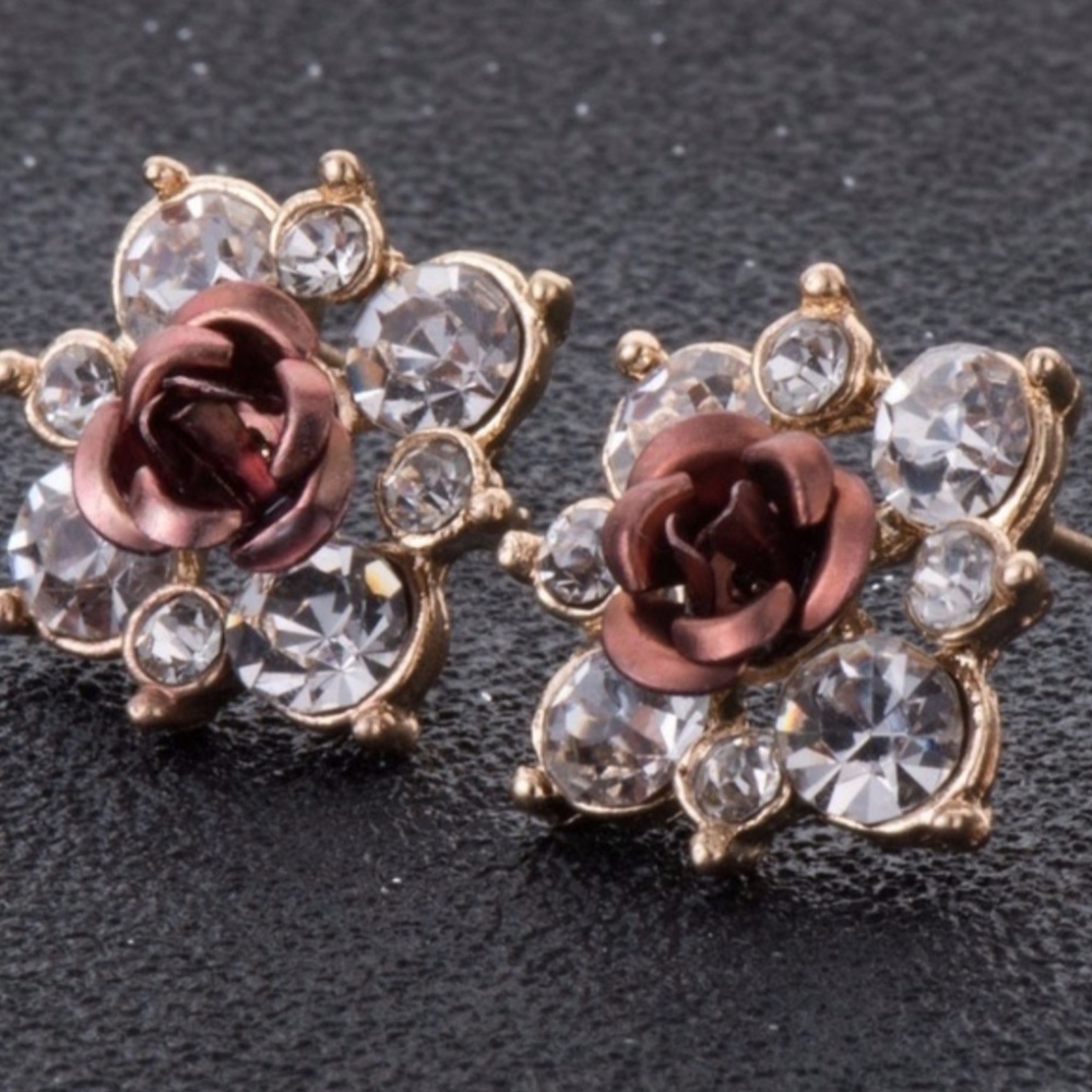 2 for $25 Brown Rose with Crystal Accent Earrings
